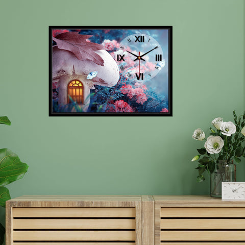 Floating Frame Mashroom House Wall Painting with Clock - Decor Mantra 
