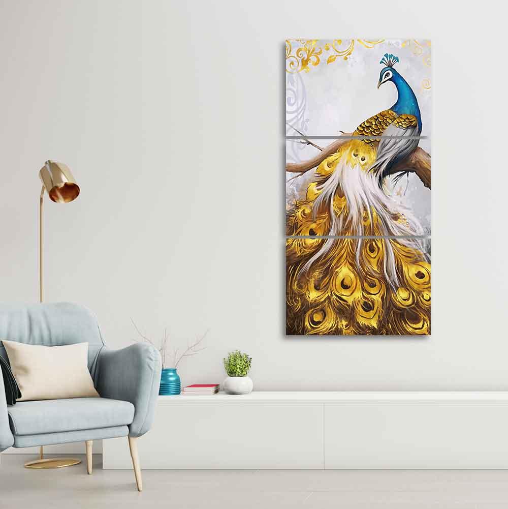 A Beautiful 3 Pieces Wall Painting of Golden Peacock - Decor Mantra 