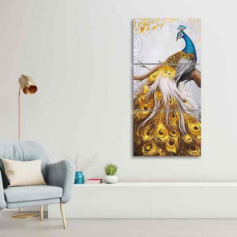 A Beautiful 3 Pieces Wall Painting of Golden Peacock - Decor Mantra 