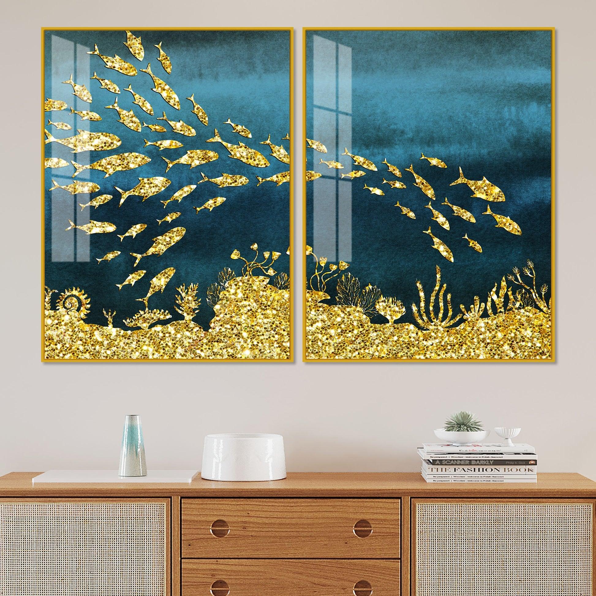 Beautiful Ocean View of Golden Fish Pattern Acrylic Floating Wall Painting Set Of 2 - Decor Mantra 