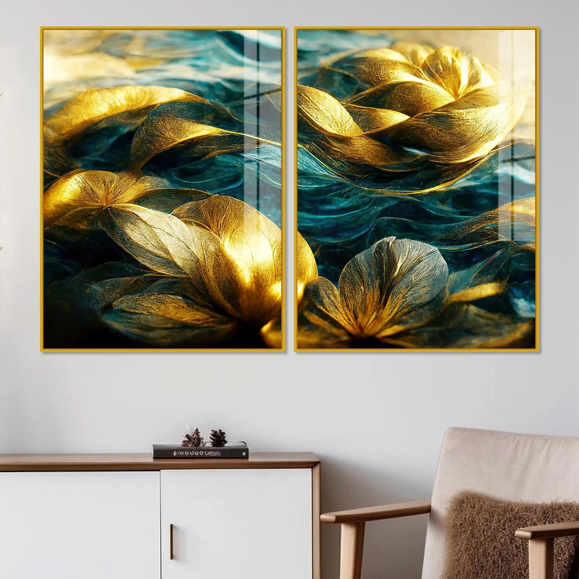Golden Dreamy Flower Acrylic Floating Wall Painting Set of 2 - Decor Mantra 