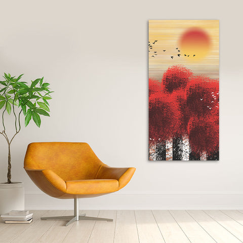 Beautiful Red Tree with Sunrise Scenery Canvas Wall Painting