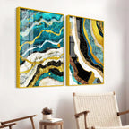 Modern Turquoise Blue Waves Artistic Art Acrylic Floating Wall Painting Set Of 2 - Decor Mantra 