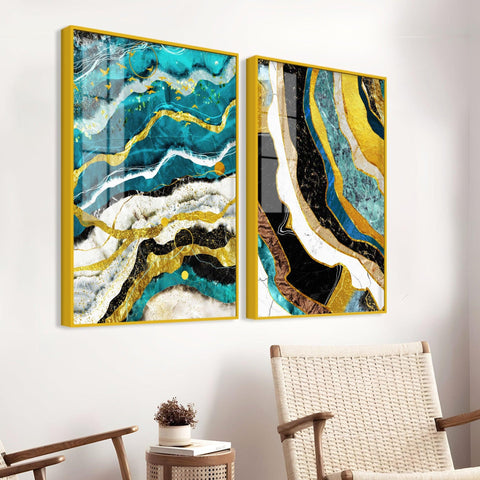 Modern Turquoise Blue Waves Artistic Art Acrylic Floating Wall Painting Set Of 2 - Decor Mantra 