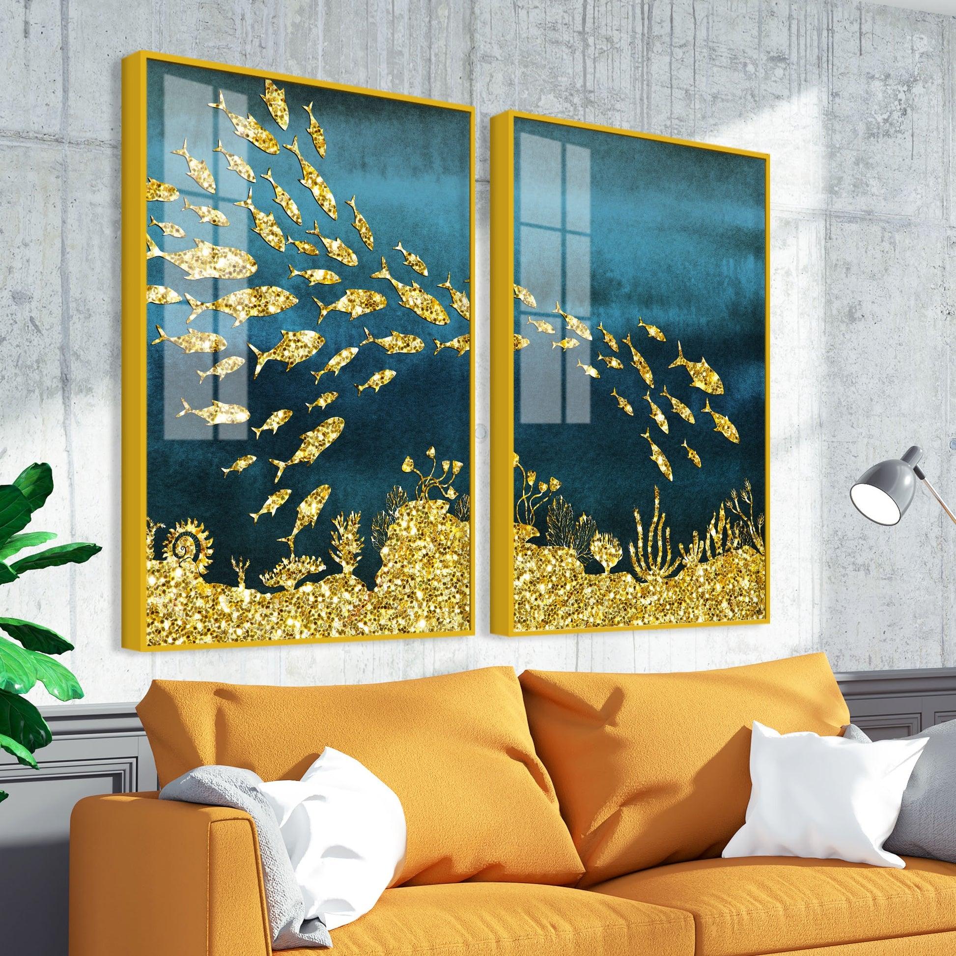 Beautiful Ocean View of Golden Fish Pattern Acrylic Floating Wall Painting Set Of 2 - Decor Mantra 