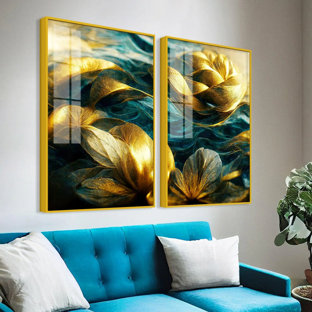 Golden Dreamy Flower Acrylic Floating Wall Painting Set of 2 - Decor Mantra 