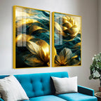 Golden Dreamy Flower Acrylic Floating Wall Painting Set of 2 - Decor Mantra 