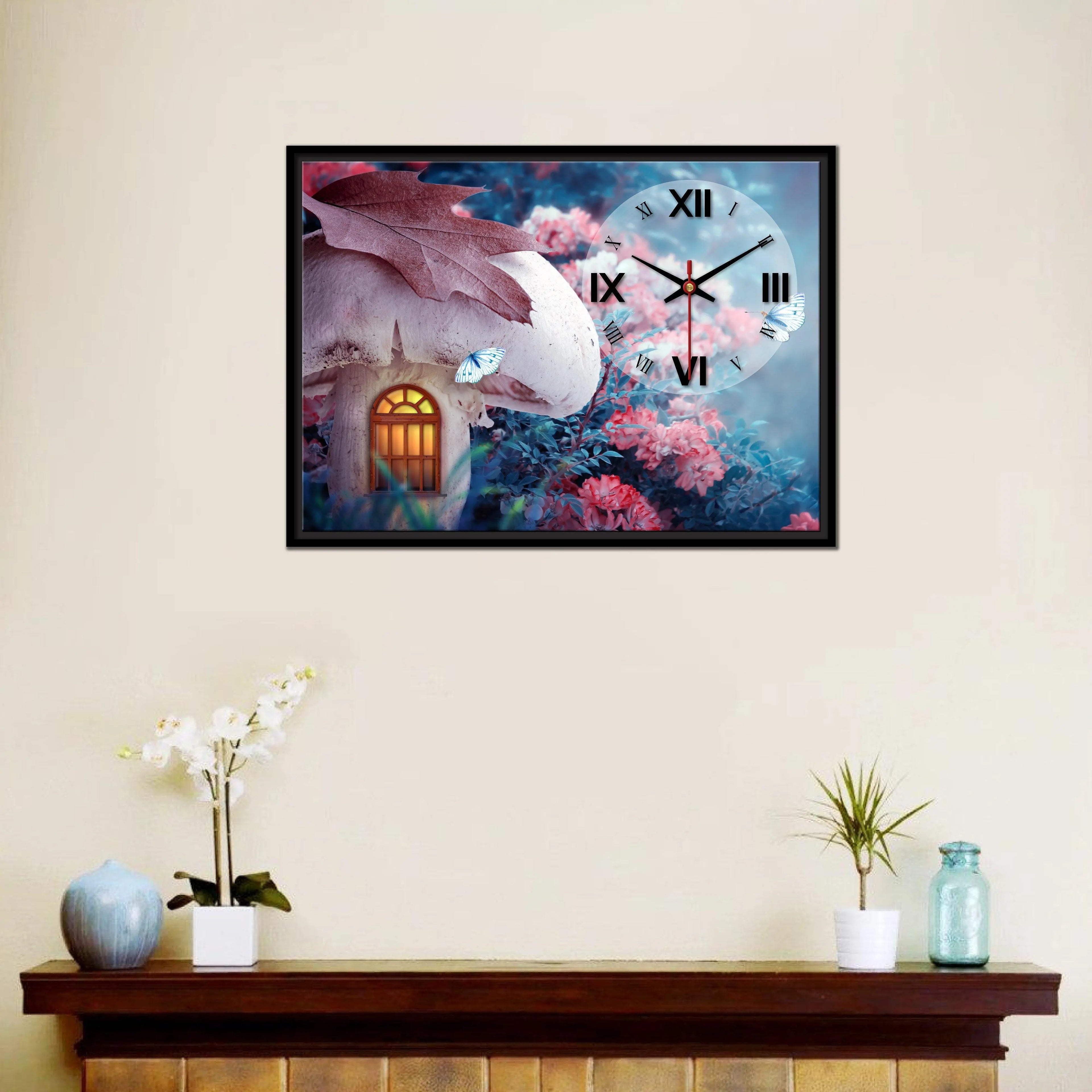 Floating Frame Mashroom House Wall Painting with Clock - Decor Mantra 
