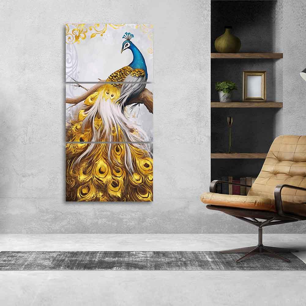 A Beautiful 3 Pieces Wall Painting of Golden Peacock - Decor Mantra 