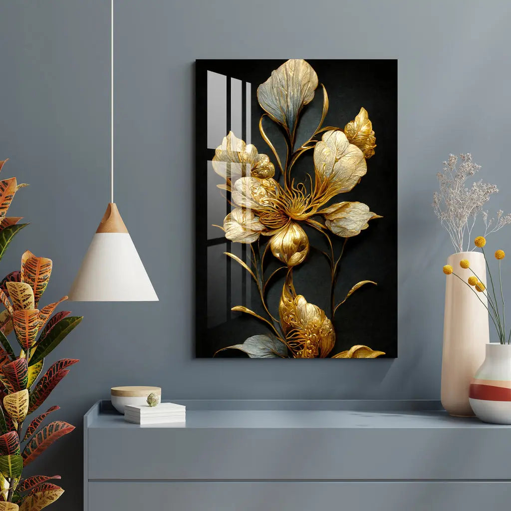 Classic Golden & Black Shade Floral Acrylic Wall Art DECORMANTRA