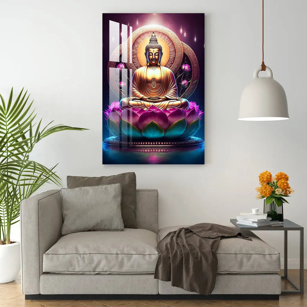 Lord Buddha With Lotus Acrylic Wall Art DECORMANTRA