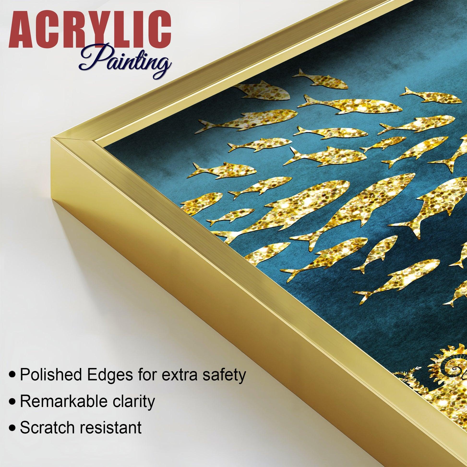 Beautiful Ocean View of Golden Fish Pattern Acrylic Floating Wall Painting Set Of 2 - Decor Mantra 