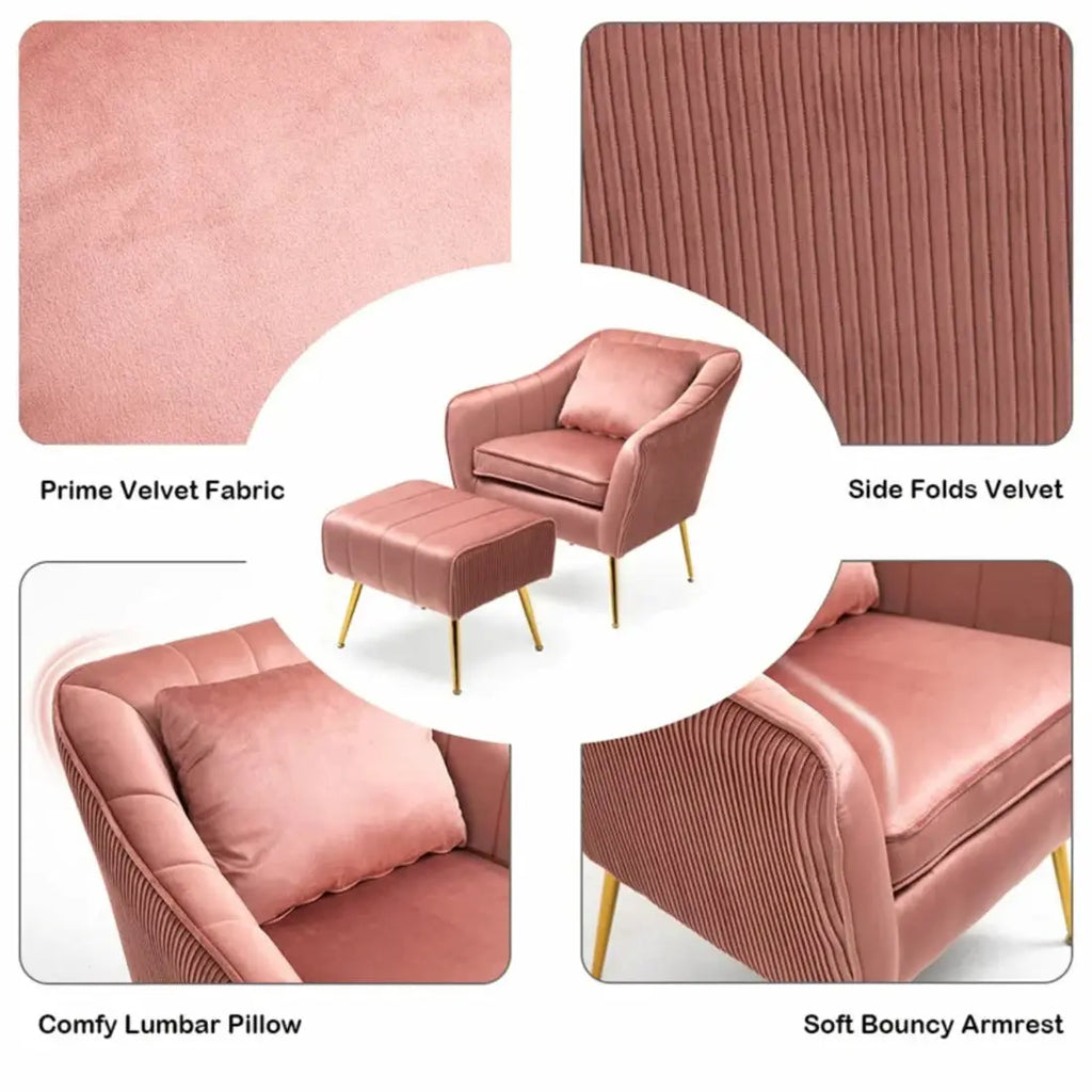 Peach Fluffy Super Comfy Luxury Velvet Accent Chair with Ottoman DECORMANTRA