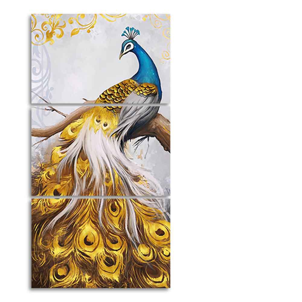 A Beautiful 3 Pieces Wall Painting of Golden Peacock - Decor Mantra 