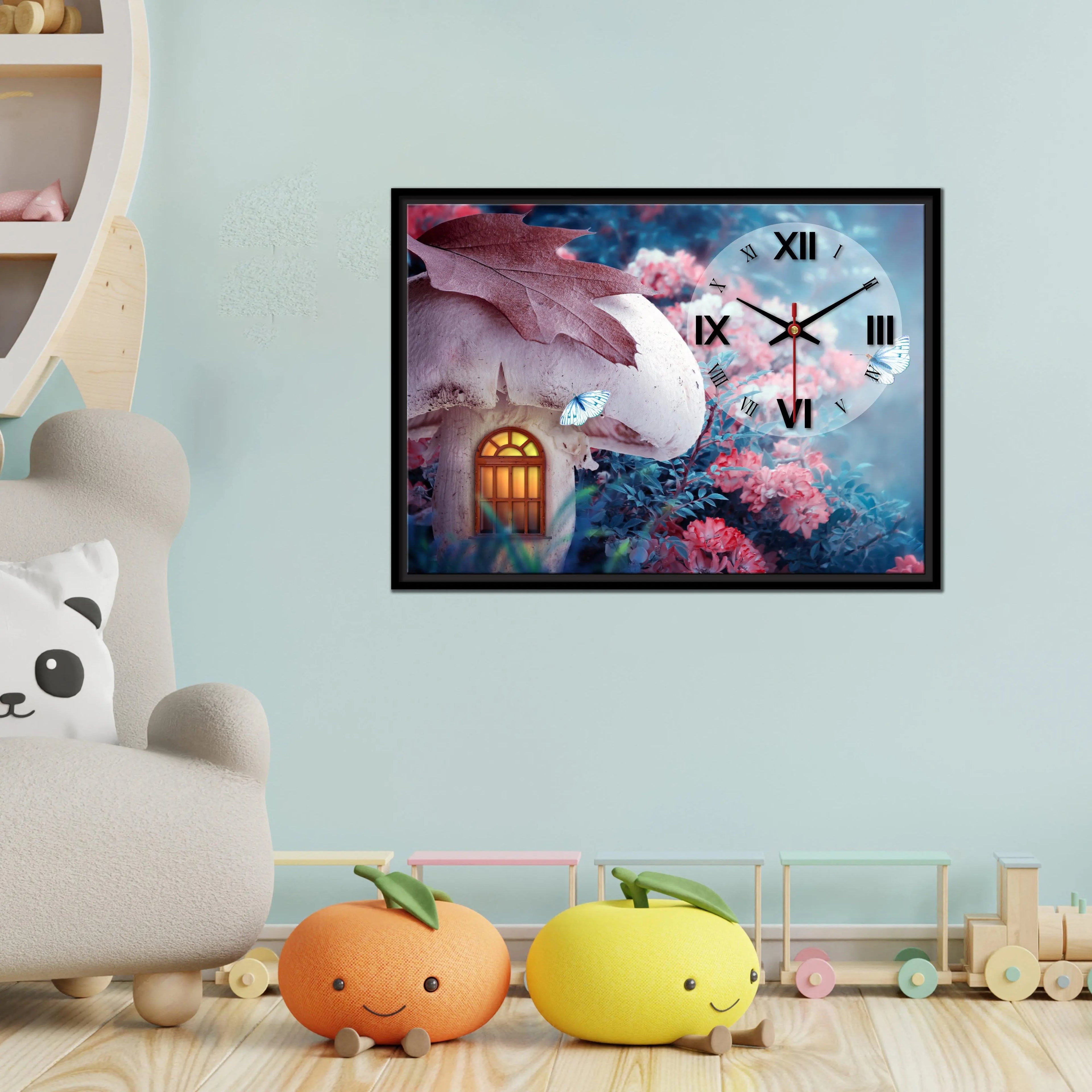 Floating Frame Mashroom House Wall Painting with Clock - Decor Mantra 