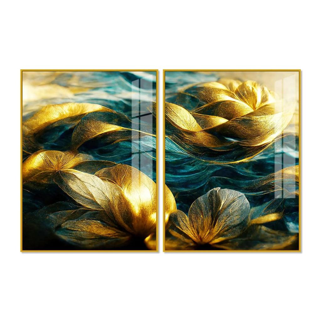 Golden Dreamy Flower Acrylic Floating Wall Painting Set of 2 - Decor Mantra 
