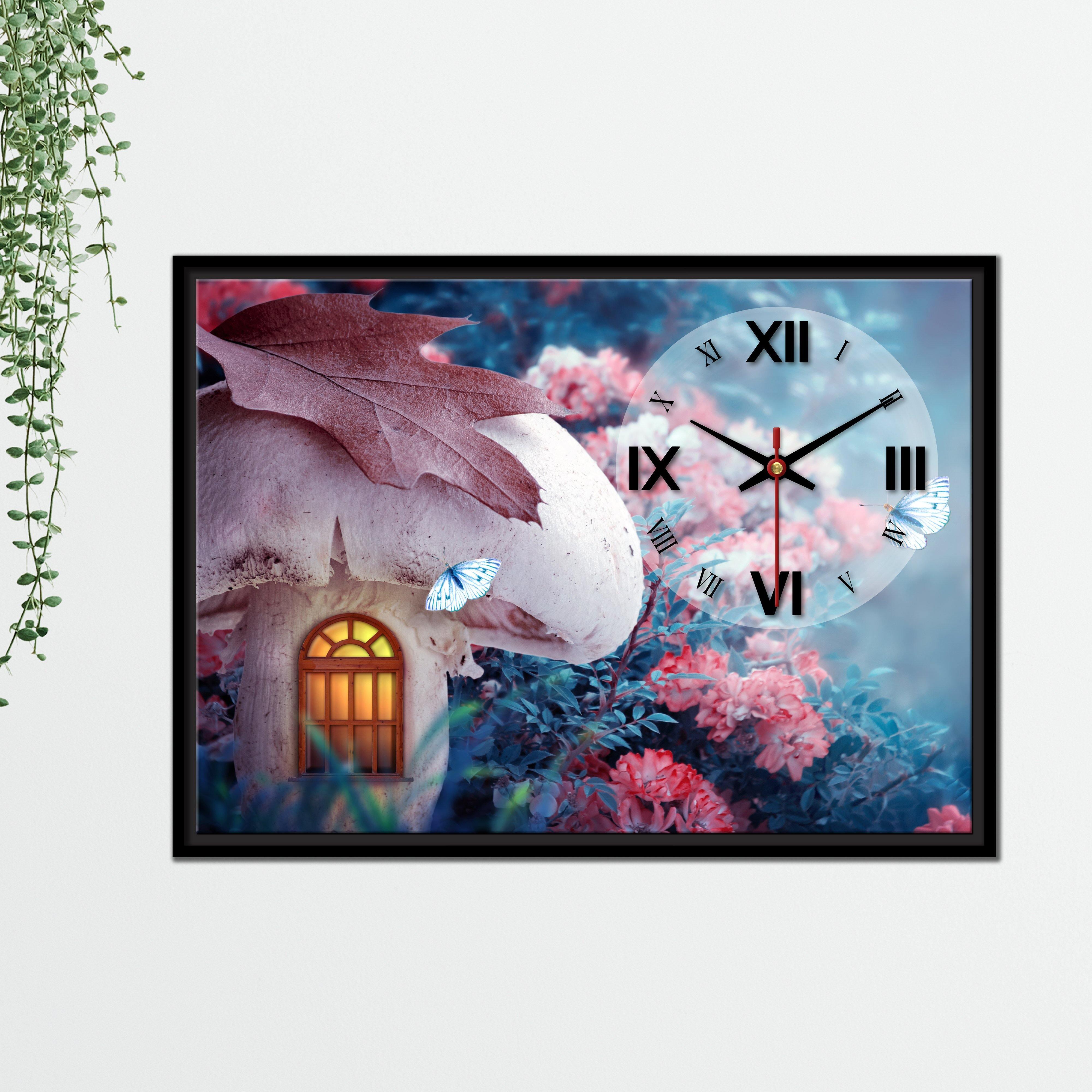 Floating Frame Mashroom House Wall Painting with Clock - Decor Mantra 