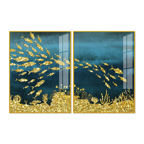 Beautiful Ocean View of Golden Fish Pattern Acrylic Floating Wall Painting Set Of 2 - Decor Mantra 
