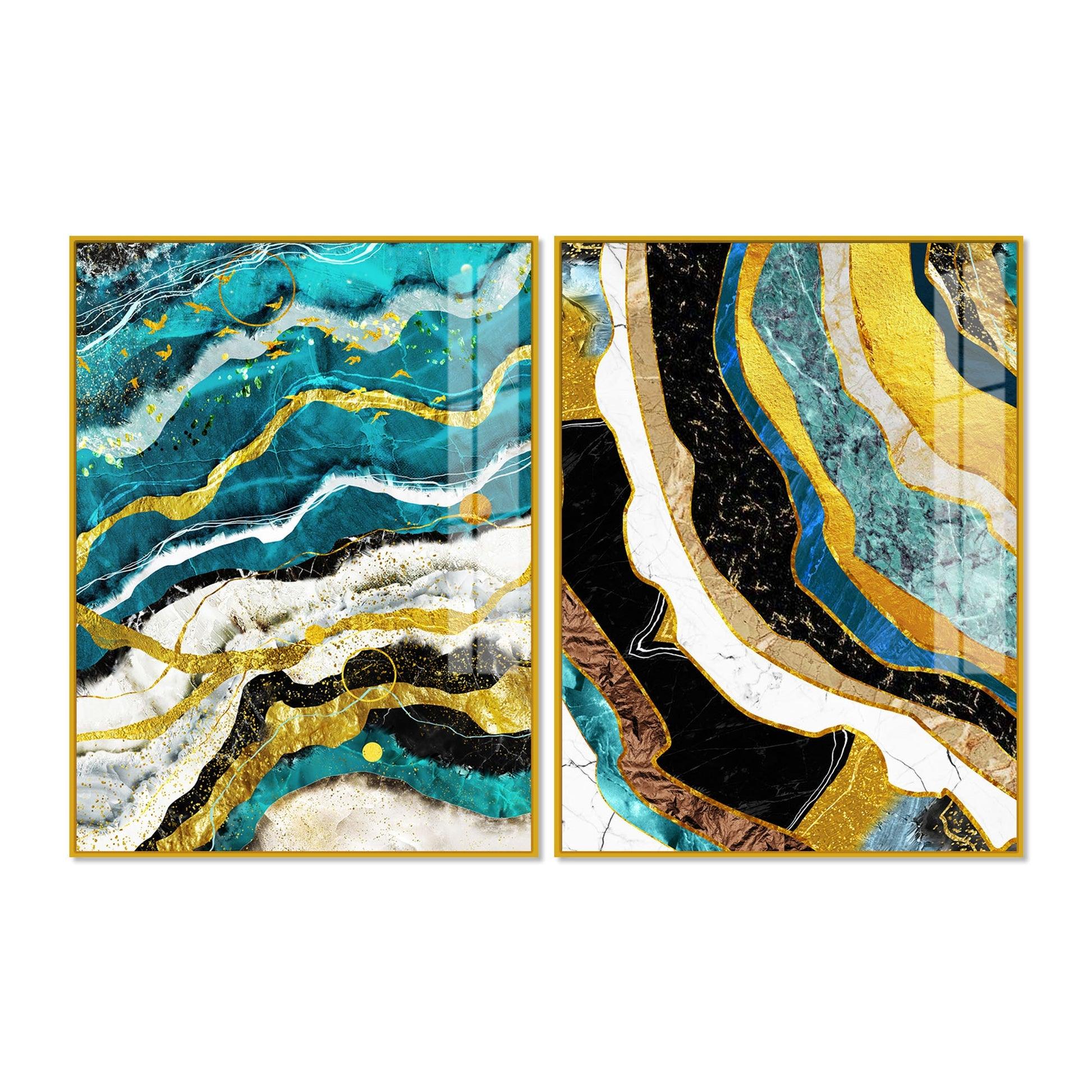 Modern Turquoise Blue Waves Artistic Art Acrylic Floating Wall Painting Set Of 2 - Decor Mantra 