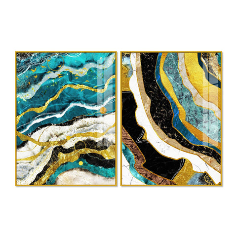 Modern Turquoise Blue Waves Artistic Art Acrylic Floating Wall Painting Set Of 2 - Decor Mantra 