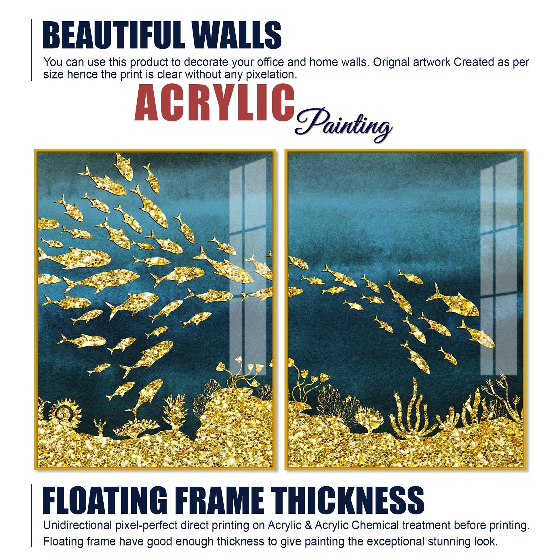 Beautiful Ocean View of Golden Fish Pattern Acrylic Floating Wall Painting Set Of 2 - Decor Mantra 