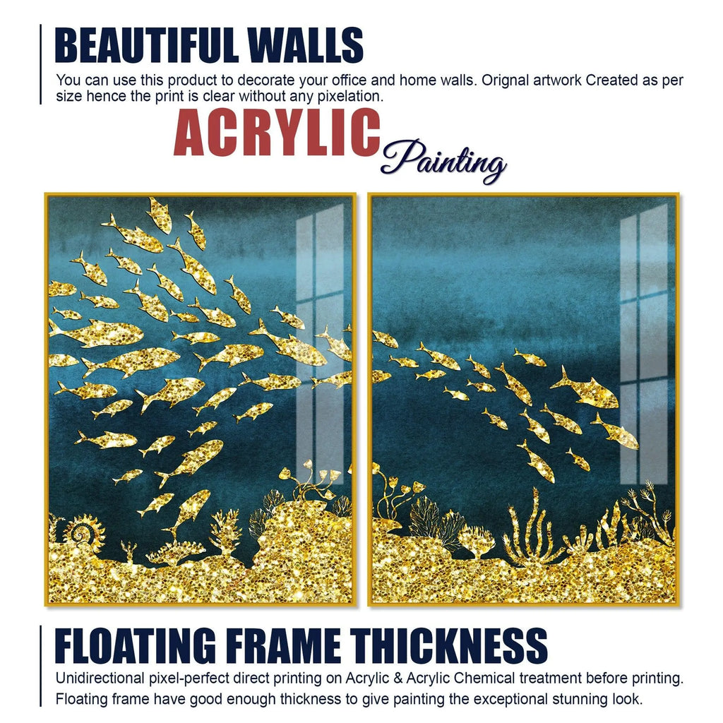 Beautiful Ocean View of Golden Fish Pattern Acrylic Floating Wall Painting Set Of 2 - Decor Mantra 