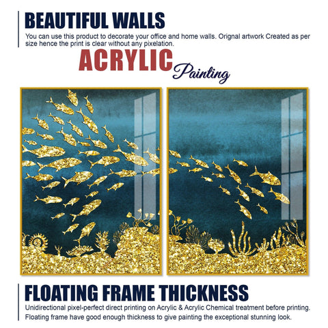 Beautiful Ocean View of Golden Fish Pattern Acrylic Floating Wall Painting Set Of 2 - Decor Mantra 