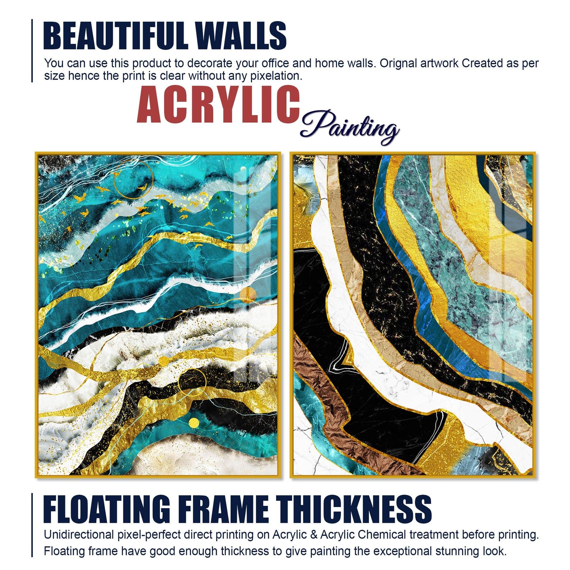 Modern Turquoise Blue Waves Artistic Art Acrylic Floating Wall Painting Set Of 2 - Decor Mantra 