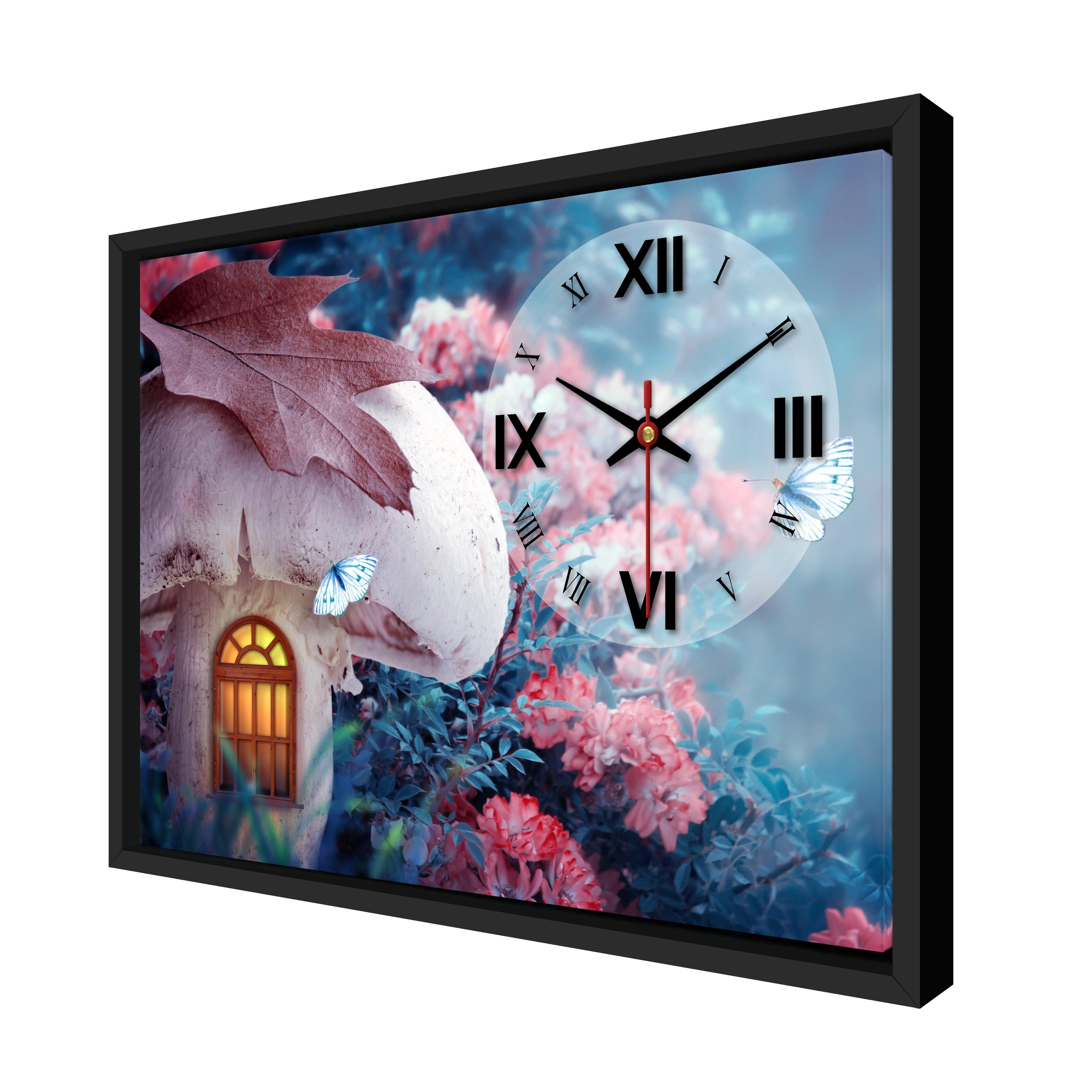 Floating Frame Mashroom House Wall Painting with Clock - Decor Mantra 