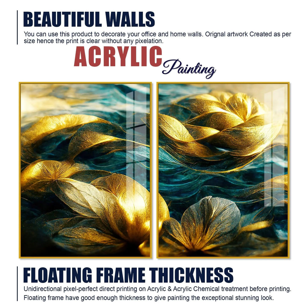 Golden Dreamy Flower Acrylic Floating Wall Painting Set of 2 - Decor Mantra 