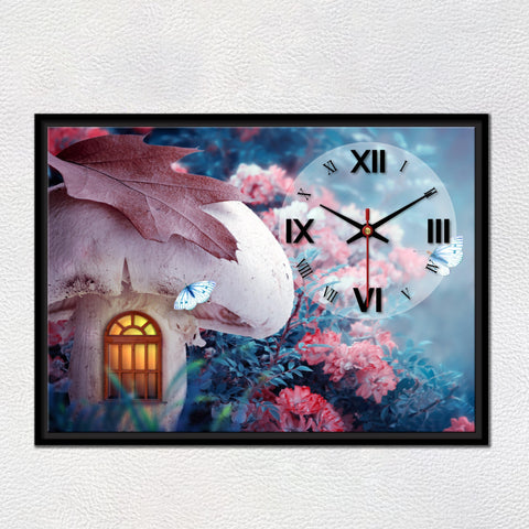 Floating Frame Mashroom House Wall Painting with Clock - Decor Mantra 
