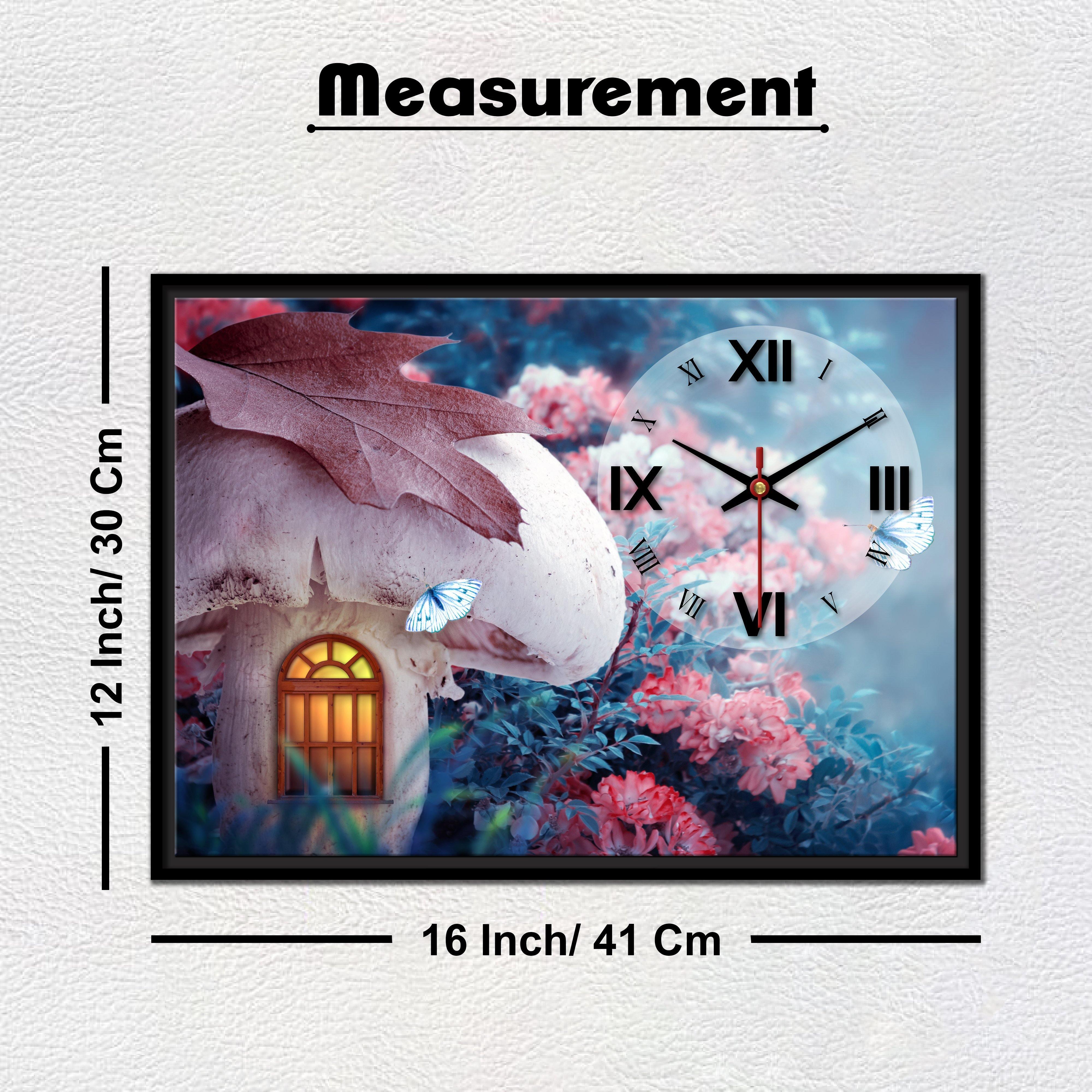 Floating Frame Mashroom House Wall Painting with Clock - Decor Mantra 