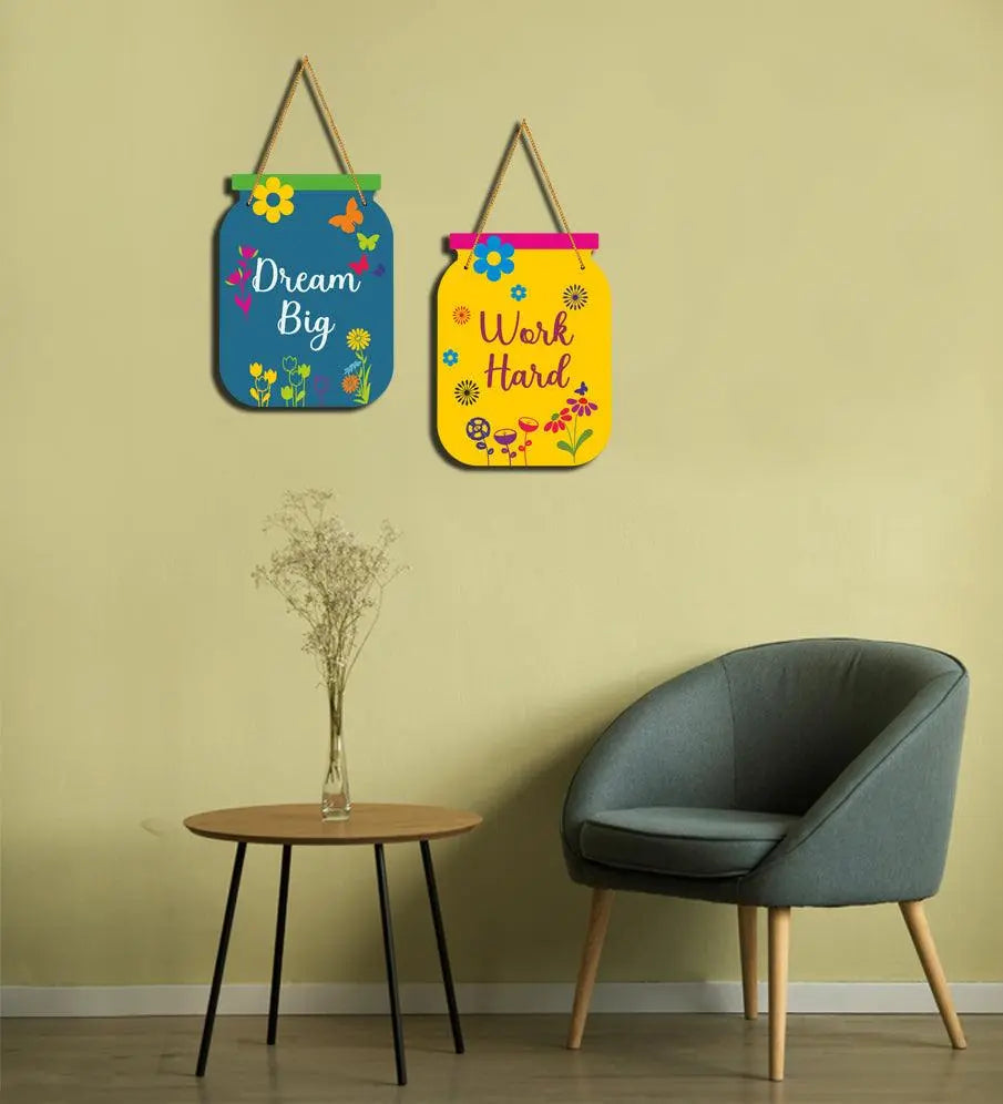 Work Hard Quote Decorative Art MDF Wooden Wall Hanger Ornaments for Living Room | Bedroom | Office | Gift | Painting For Home Decoration | Home Decor Items (WH_6802N), Set of 2 - Decor Mantra 