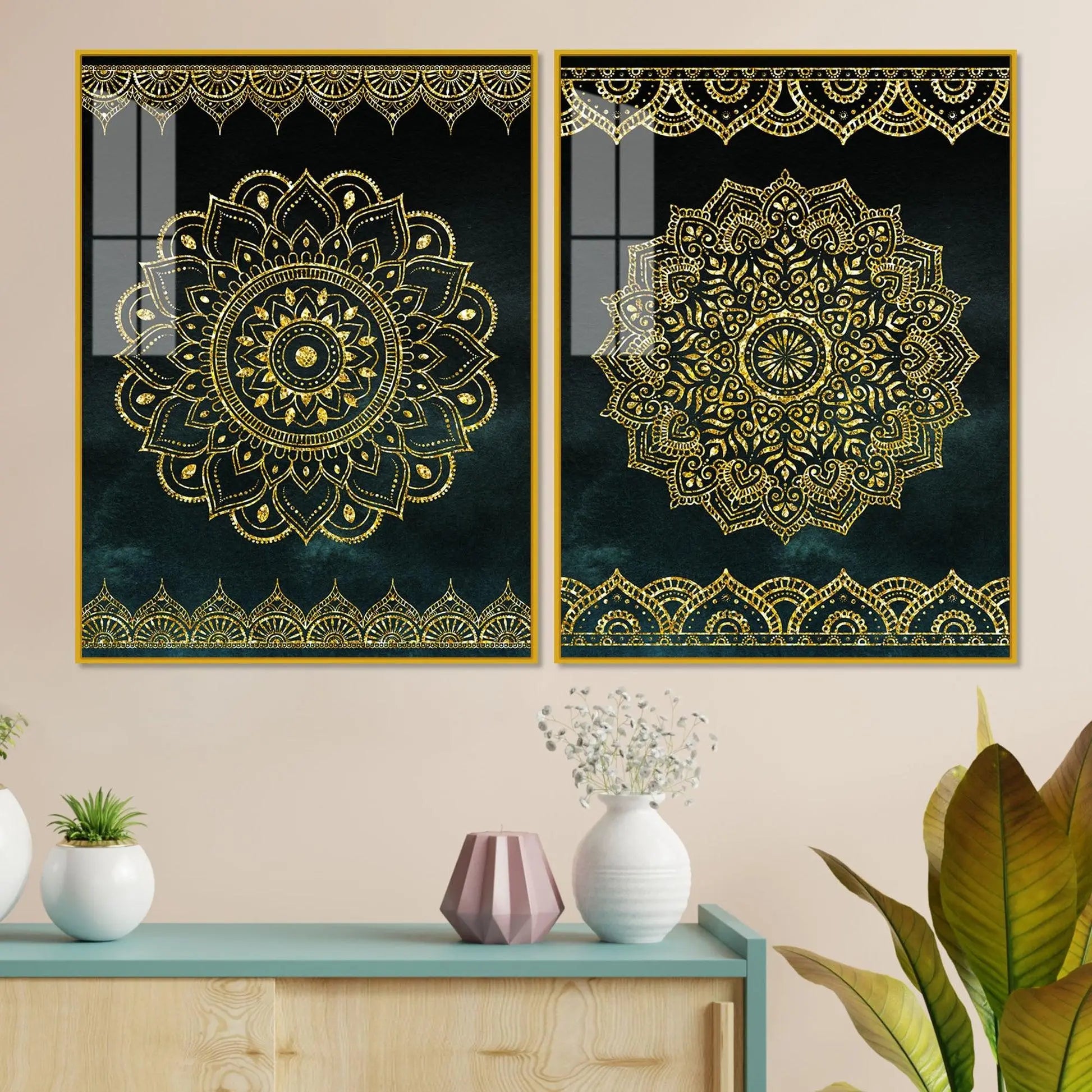 Golden Mandala Pattern Acrylic Floating Wall Painting Set of 2 - Decor Mantra 