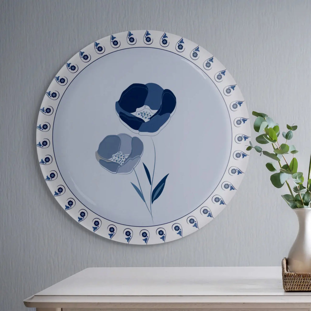 Abstract Geometry in Everyday Art Blue Pottery Inspired floral plate - Harshita Craft