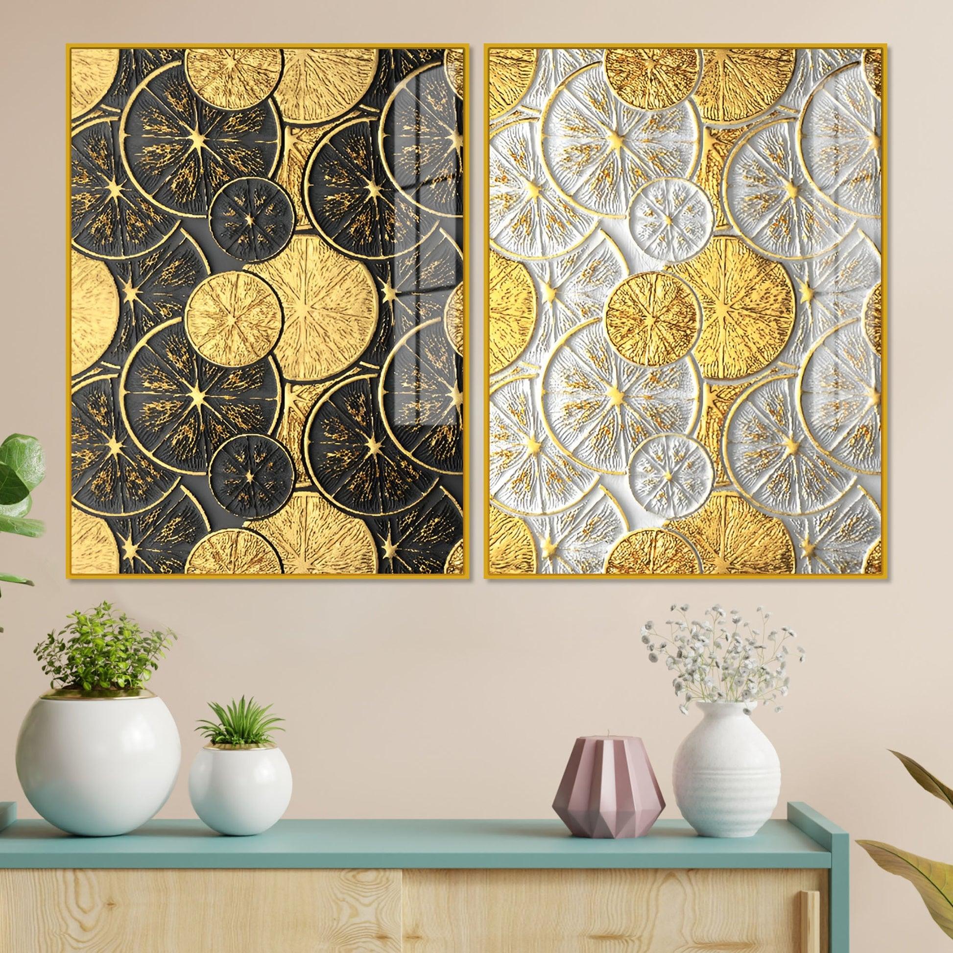 Abstract Golden Shapes Art Acrylic Floating Wall Painting Set Of 2 - Decor Mantra 