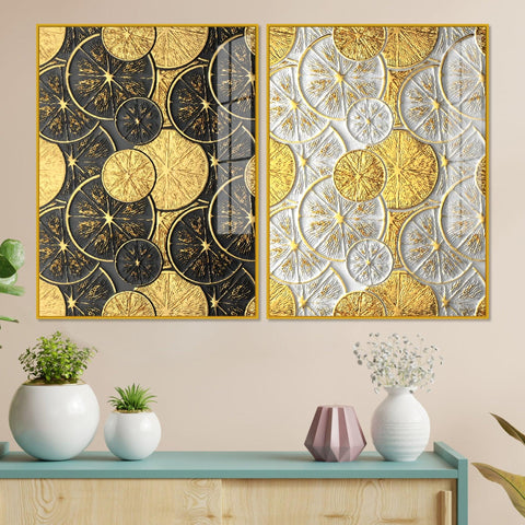 Abstract Golden Shapes Art Acrylic Floating Wall Painting Set Of 2 - Decor Mantra 