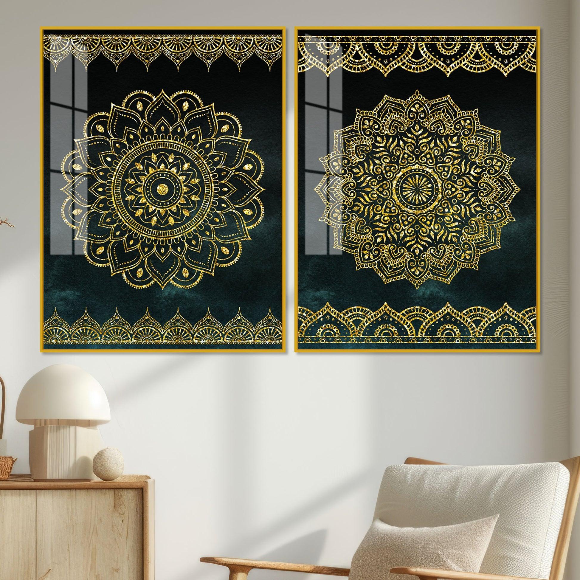 Golden Mandala Pattern Acrylic Floating Wall Painting Set of 2 - Decor Mantra 