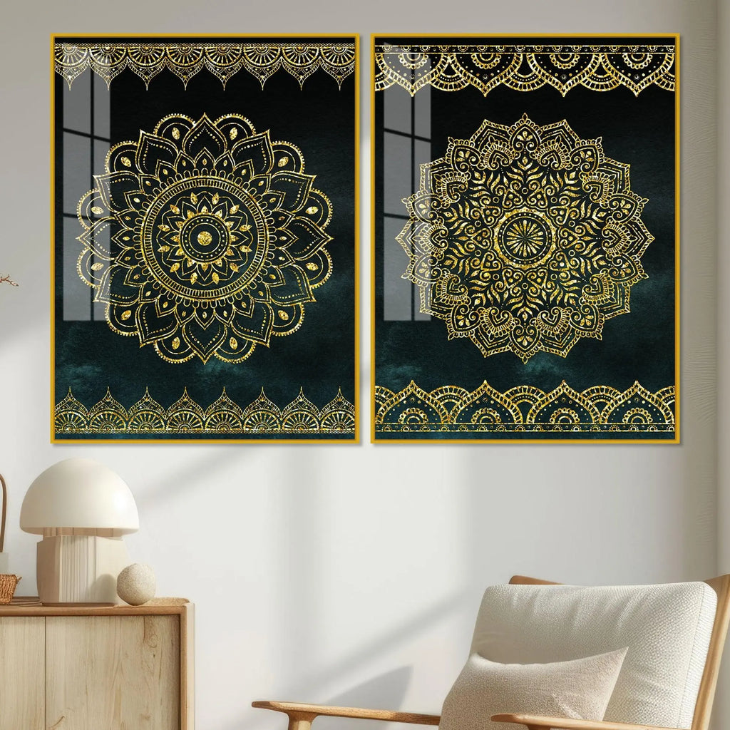 Golden Mandala Pattern Acrylic Floating Wall Painting Set of 2 - Decor Mantra 