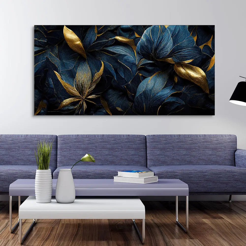 Golden Tropical leaves Canvas Wall Painting - Harshita Craft