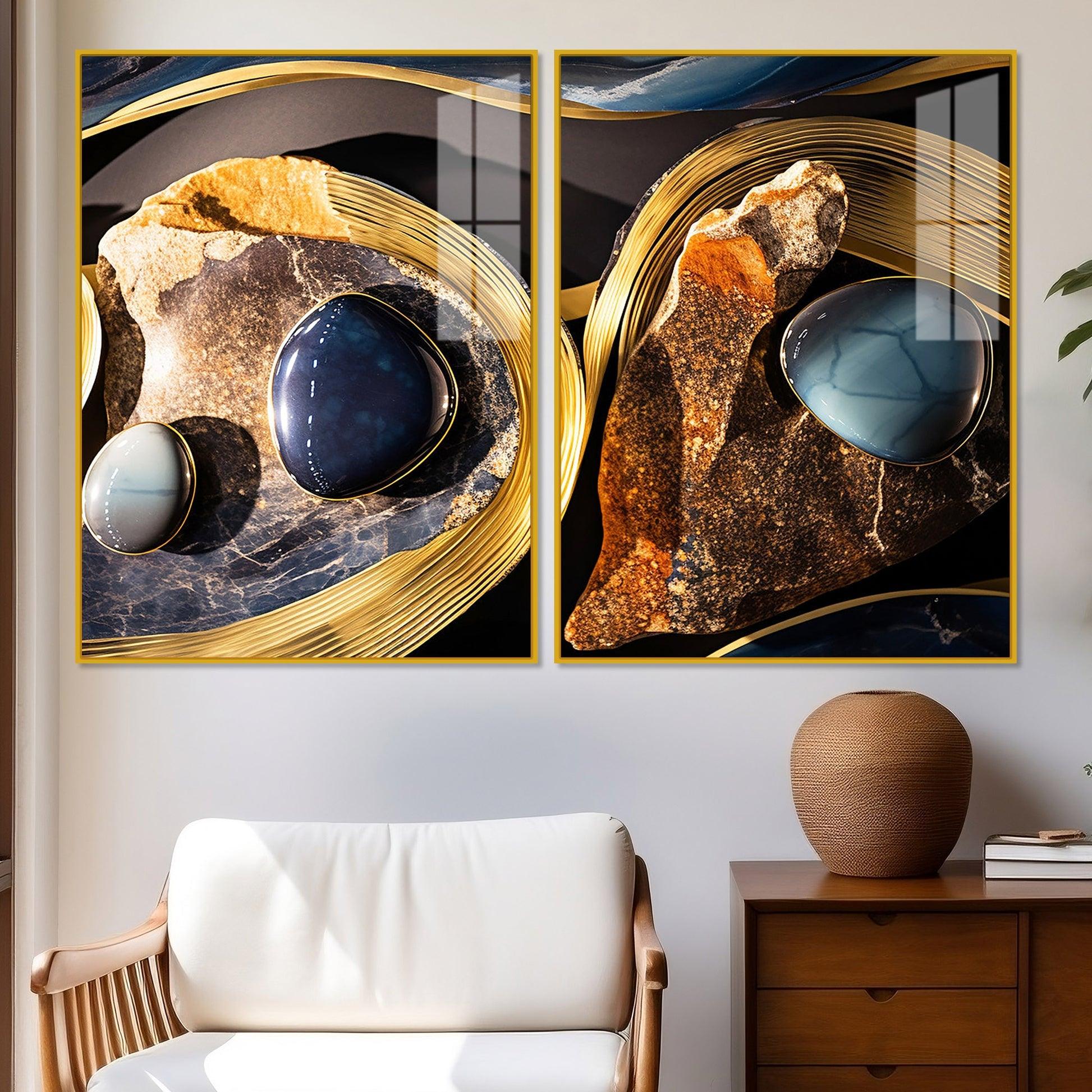 Premium Marble Stone Textural Art Acrylic Floating Wall Painting Set Of 2 - Decor Mantra 