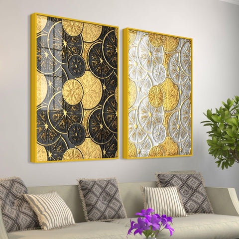 Abstract Golden Shapes Art Acrylic Floating Wall Painting Set Of 2 - Decor Mantra 