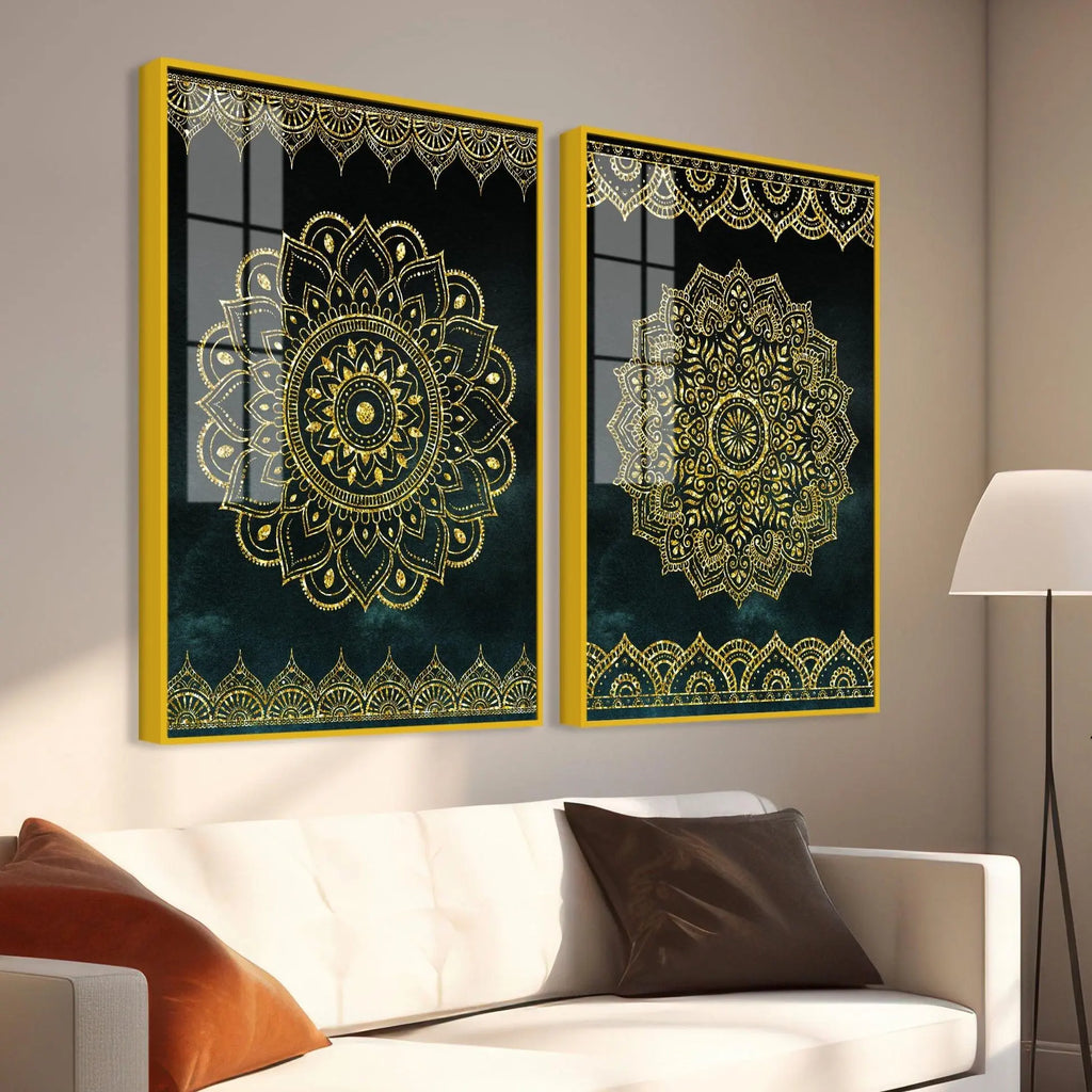Golden Mandala Pattern Acrylic Floating Wall Painting Set of 2 - Decor Mantra 