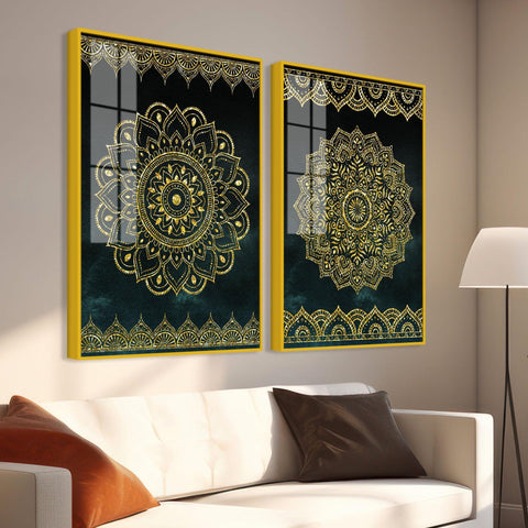 Golden Mandala Pattern Acrylic Floating Wall Painting Set of 2 - Decor Mantra 