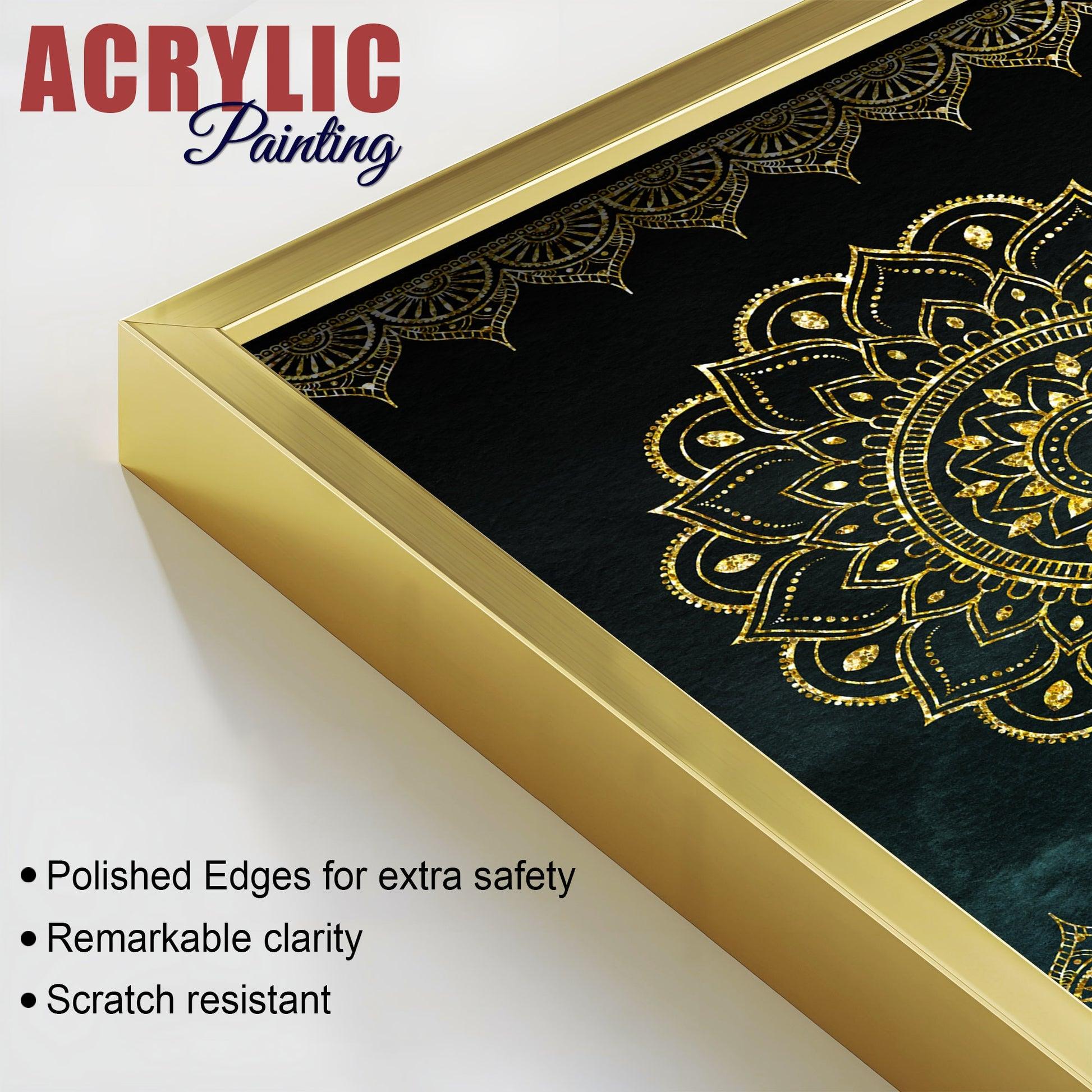 Golden Mandala Pattern Acrylic Floating Wall Painting Set of 2 - Decor Mantra 