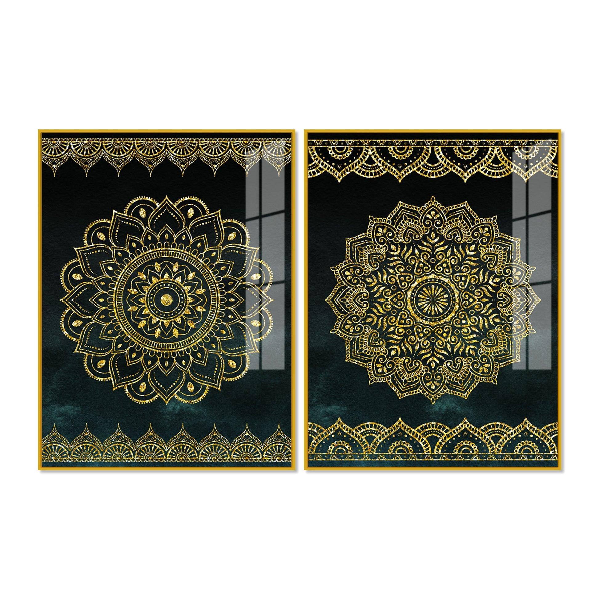 Golden Mandala Pattern Acrylic Floating Wall Painting Set of 2 - Decor Mantra 