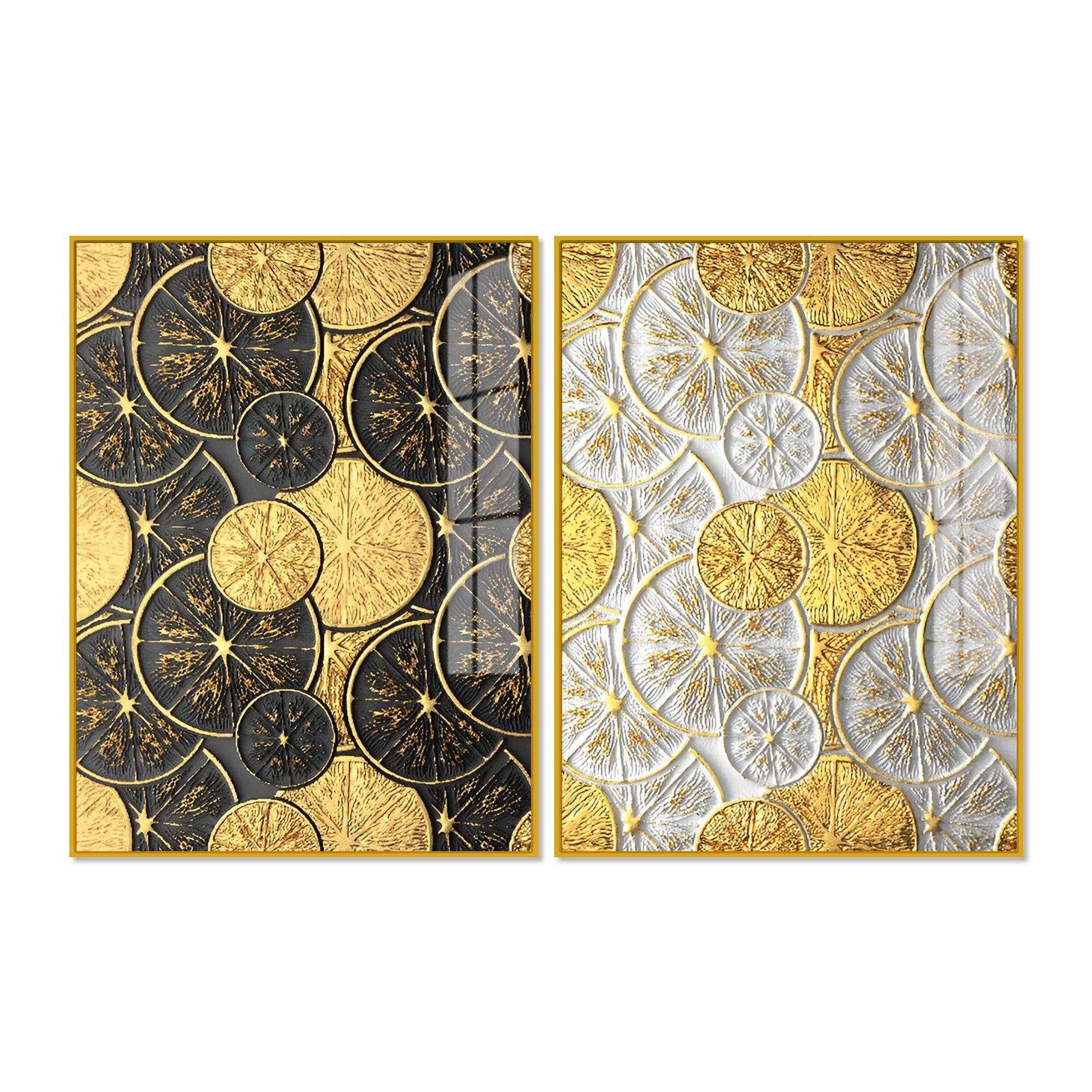 Abstract Golden Shapes Art Acrylic Floating Wall Painting Set Of 2 - Decor Mantra 