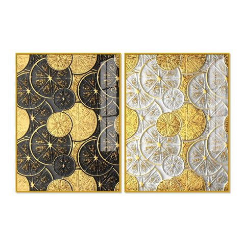 Abstract Golden Shapes Art Acrylic Floating Wall Painting Set Of 2 - Decor Mantra 