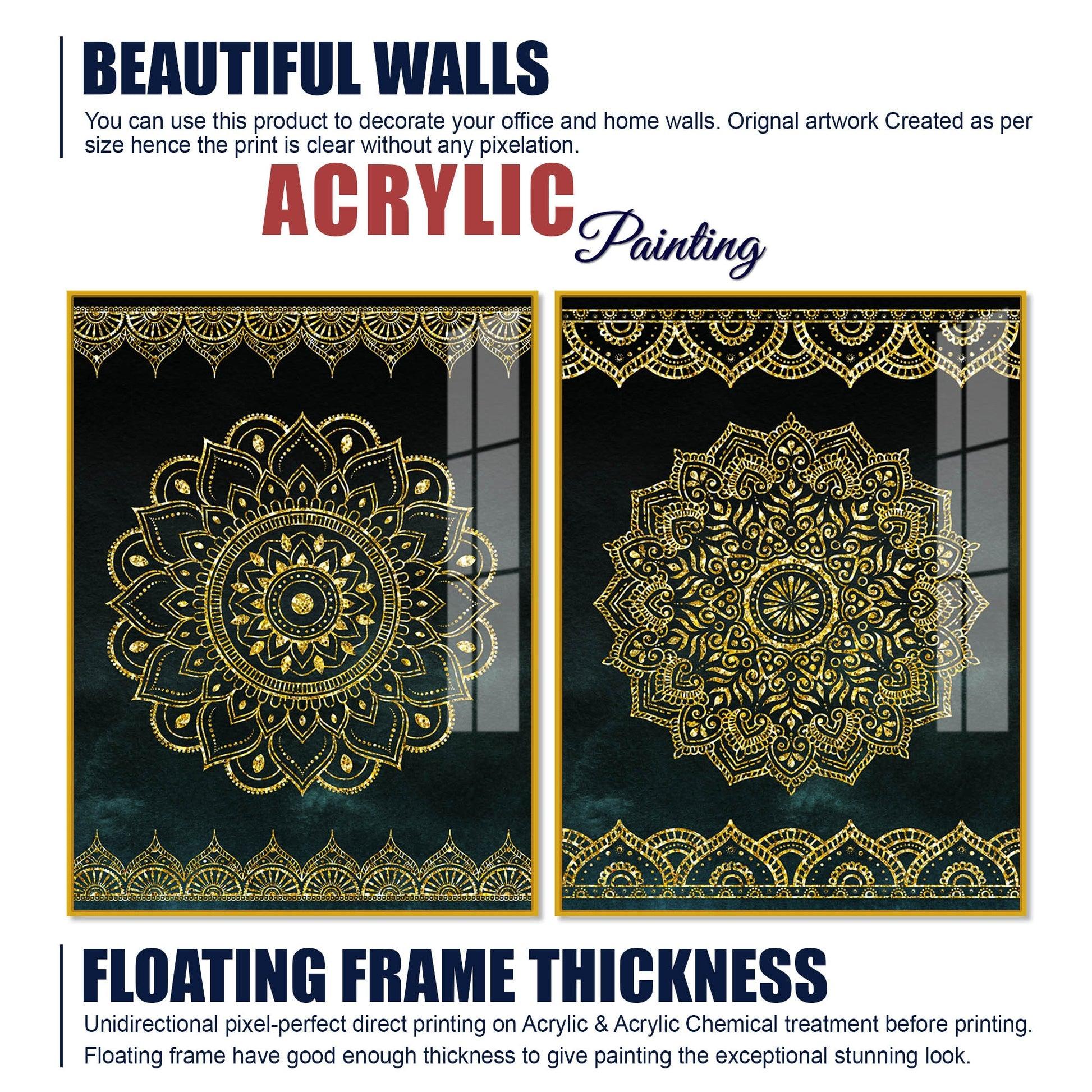 Golden Mandala Pattern Acrylic Floating Wall Painting Set of 2 - Decor Mantra 