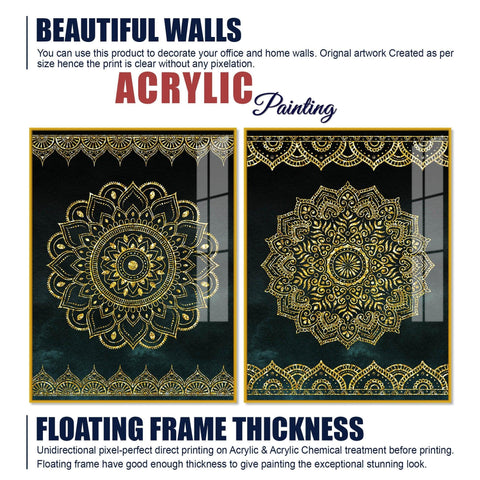 Golden Mandala Pattern Acrylic Floating Wall Painting Set of 2 - Decor Mantra 